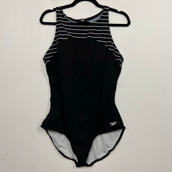 Speedo Women's Endurance+ Black Stripe High Neck One Piece Swimsuit Size 14 - Picture 1 of 10
